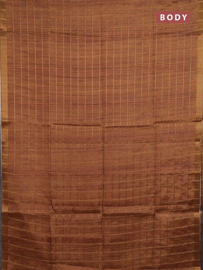 Semi tussar saree mustard yellow and beige with allover zari checked pattern and kalamkari printed pallu