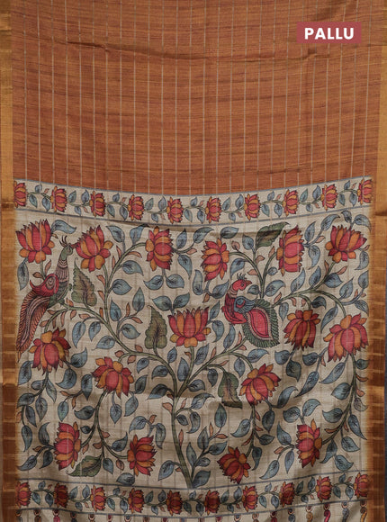 Semi tussar saree mustard yellow and beige with allover zari checked pattern and kalamkari printed pallu