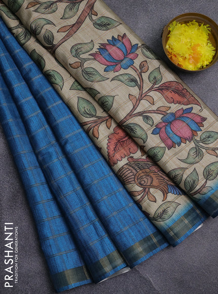 Semi tussar saree cs blue and beige with allover zari checked pattern and kalamkari printed pallu