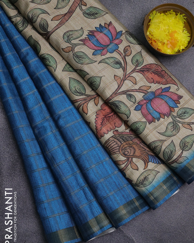 Semi tussar saree cs blue and beige with allover zari checked pattern and kalamkari printed pallu