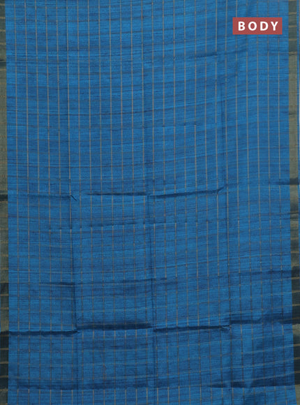 Semi tussar saree cs blue and beige with allover zari checked pattern and kalamkari printed pallu
