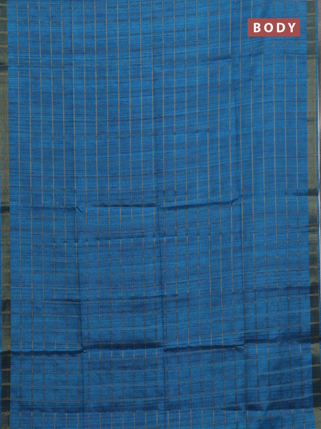 Semi tussar saree cs blue and beige with allover zari checked pattern and kalamkari printed pallu