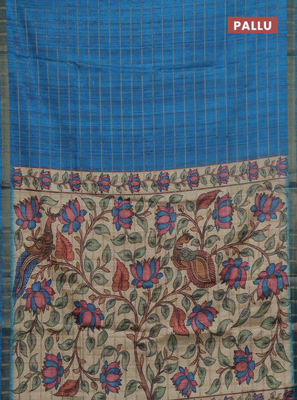 Semi tussar saree cs blue and beige with allover zari checked pattern and kalamkari printed pallu
