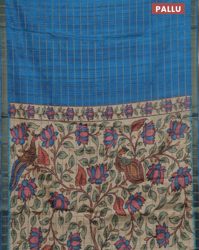 Semi tussar saree cs blue and beige with allover zari checked pattern and kalamkari printed pallu