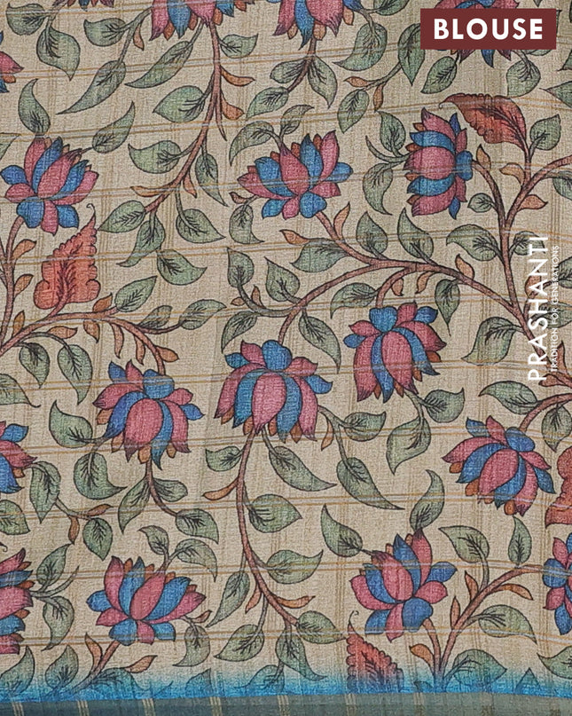 Semi tussar saree cs blue and beige with allover zari checked pattern and kalamkari printed pallu