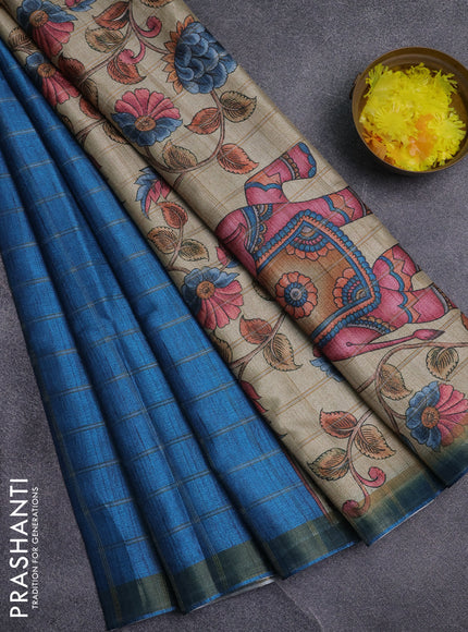 Semi tussar saree cs blue and beige with allover zari checked pattern and kalamkari printed pallu