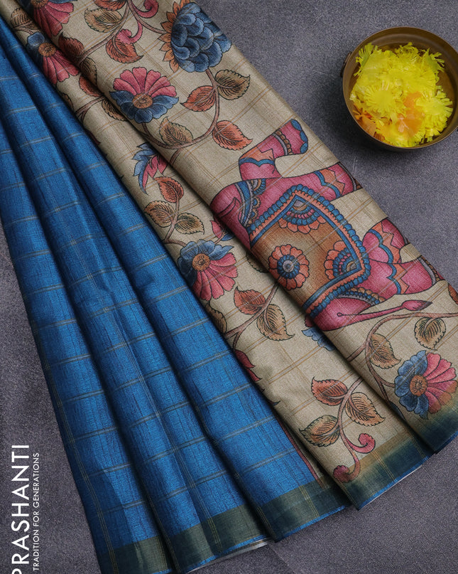 Semi tussar saree cs blue and beige with allover zari checked pattern and kalamkari printed pallu