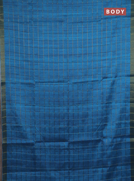 Semi tussar saree cs blue and beige with allover zari checked pattern and kalamkari printed pallu