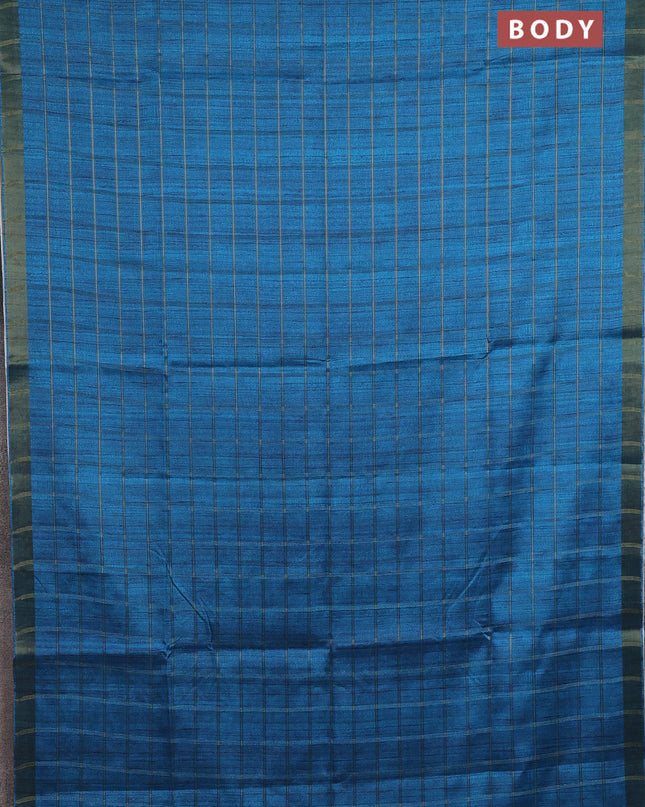 Semi tussar saree cs blue and beige with allover zari checked pattern and kalamkari printed pallu