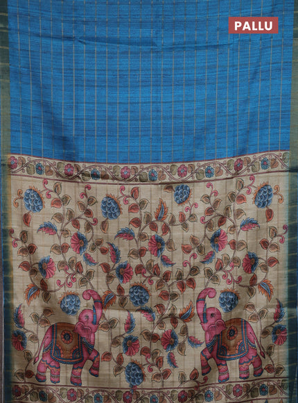 Semi tussar saree cs blue and beige with allover zari checked pattern and kalamkari printed pallu