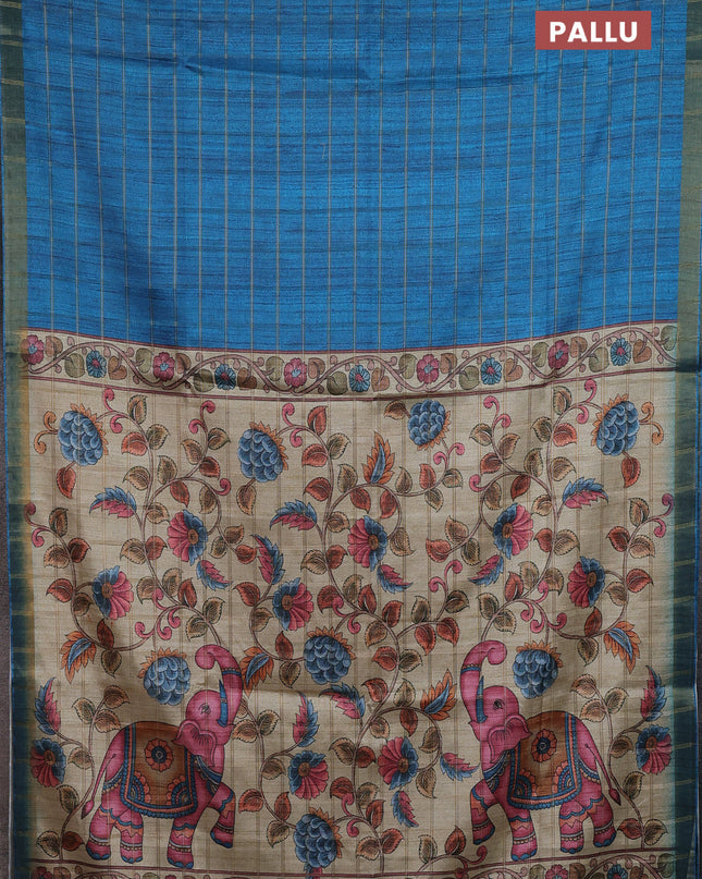 Semi tussar saree cs blue and beige with allover zari checked pattern and kalamkari printed pallu