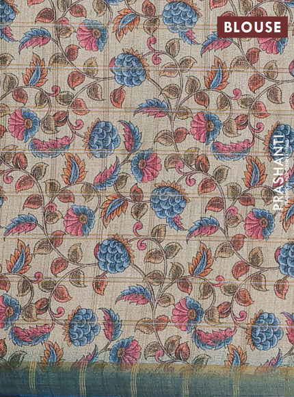 Semi tussar saree cs blue and beige with allover zari checked pattern and kalamkari printed pallu