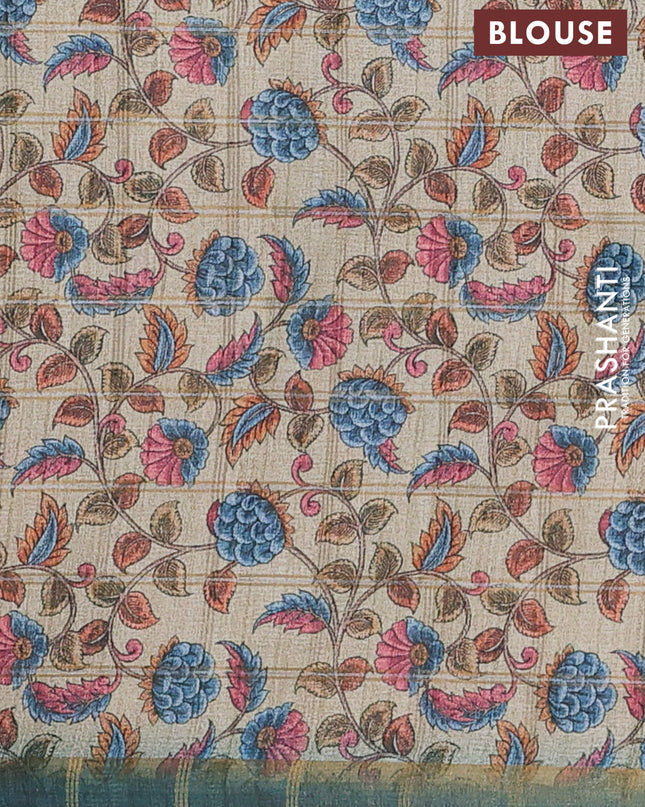 Semi tussar saree cs blue and beige with allover zari checked pattern and kalamkari printed pallu