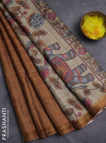 Semi tussar saree mustard yellow and beige with allover zari checked pattern and kalamkari printed pallu