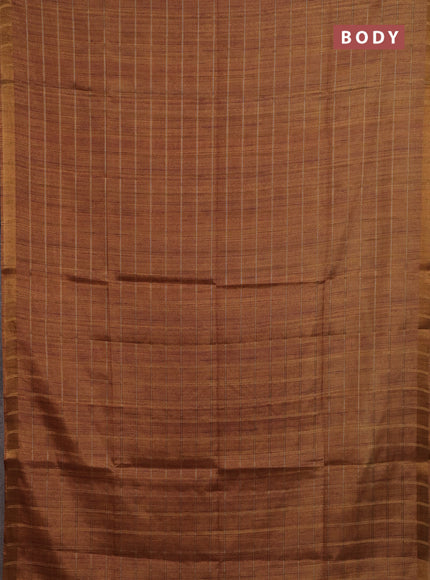 Semi tussar saree mustard yellow and beige with allover zari checked pattern and kalamkari printed pallu