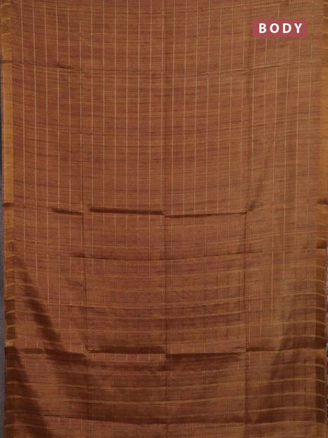 Semi tussar saree mustard yellow and beige with allover zari checked pattern and kalamkari printed pallu