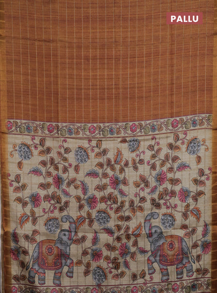 Semi tussar saree mustard yellow and beige with allover zari checked pattern and kalamkari printed pallu