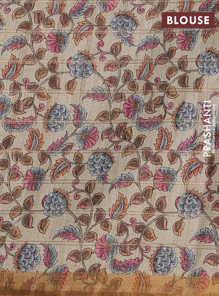 Semi tussar saree mustard yellow and beige with allover zari checked pattern and kalamkari printed pallu