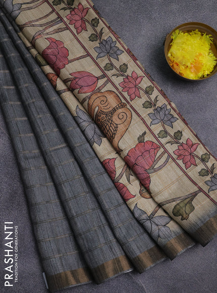 Semi tussar saree grey and beige with allover zari checked pattern and kalamkari printed pallu