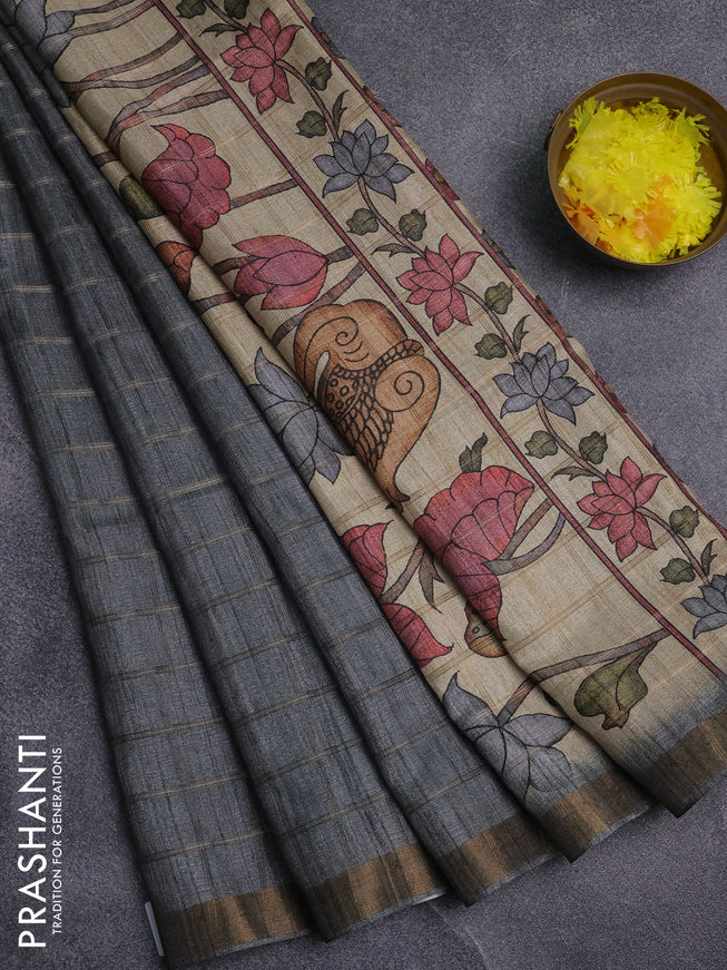 Semi tussar saree grey and beige with allover zari checked pattern and kalamkari printed pallu