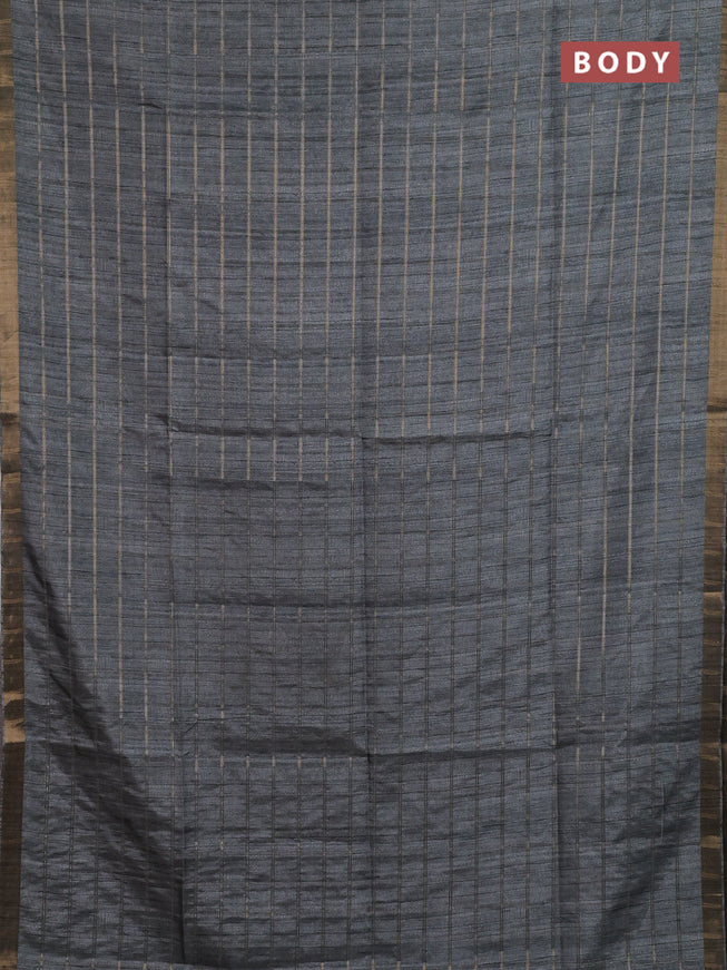 Semi tussar saree grey and beige with allover zari checked pattern and kalamkari printed pallu