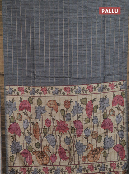 Semi tussar saree grey and beige with allover zari checked pattern and kalamkari printed pallu