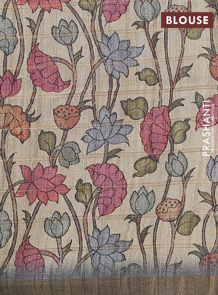 Semi tussar saree grey and beige with allover zari checked pattern and kalamkari printed pallu