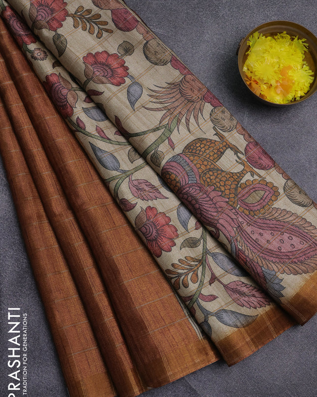 Semi tussar saree cs blue and beige with allover zari checked pattern and kalamkari printed pallu