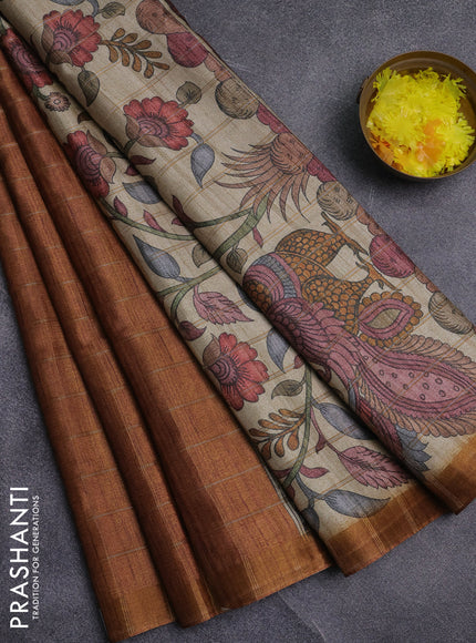 Semi tussar saree mustard yellow and beige with allover zari checked pattern and kalamkari printed pallu
