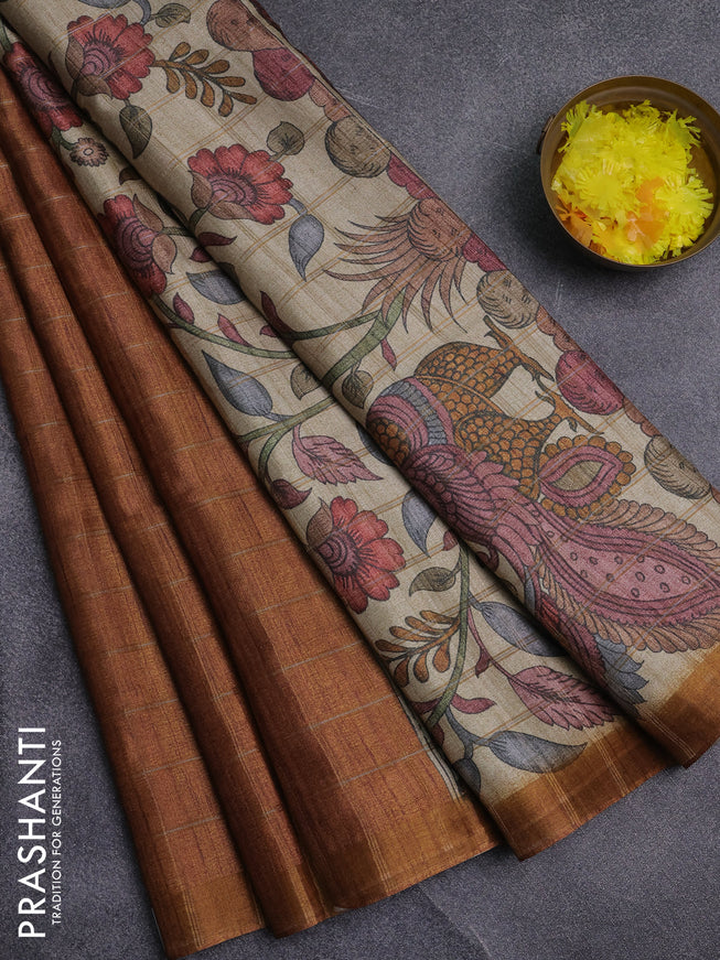 Semi tussar saree mustard yellow and beige with allover zari checked pattern and kalamkari printed pallu