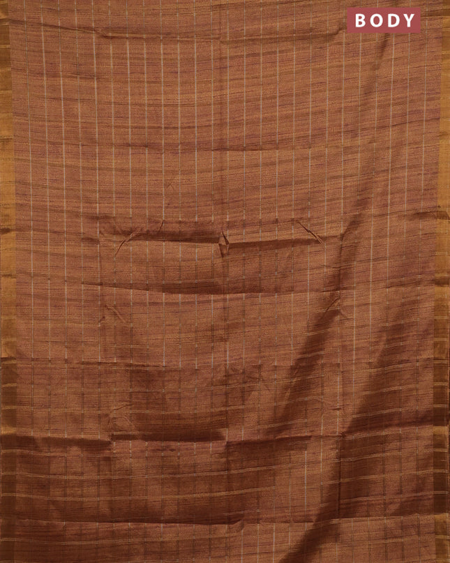 Semi tussar saree cs blue and beige with allover zari checked pattern and kalamkari printed pallu