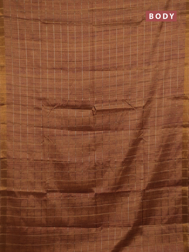 Semi tussar saree cs blue and beige with allover zari checked pattern and kalamkari printed pallu