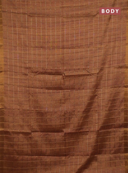 Semi tussar saree mustard yellow and beige with allover zari checked pattern and kalamkari printed pallu