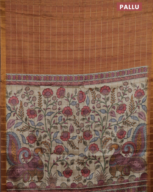 Semi tussar saree cs blue and beige with allover zari checked pattern and kalamkari printed pallu