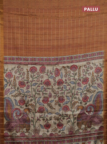 Semi tussar saree mustard yellow and beige with allover zari checked pattern and kalamkari printed pallu