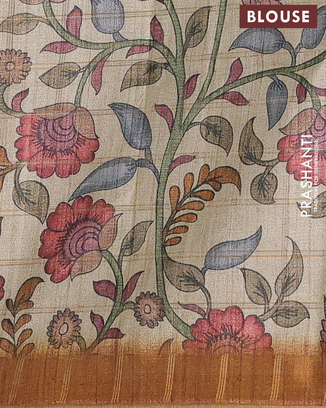 Semi tussar saree cs blue and beige with allover zari checked pattern and kalamkari printed pallu