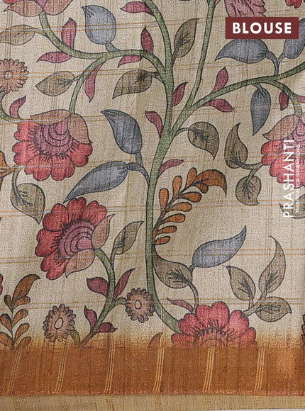 Semi tussar saree mustard yellow and beige with allover zari checked pattern and kalamkari printed pallu