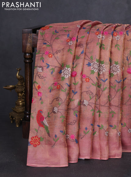 Tissue silk saree dual shade od pink with allover embroidery work and simple border