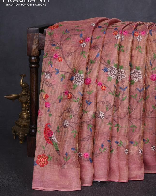 Tissue silk saree dual shade od pink with allover embroidery work and simple border