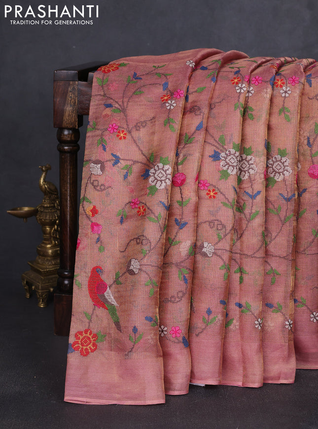 Tissue silk saree dual shade od pink with allover embroidery work and simple border