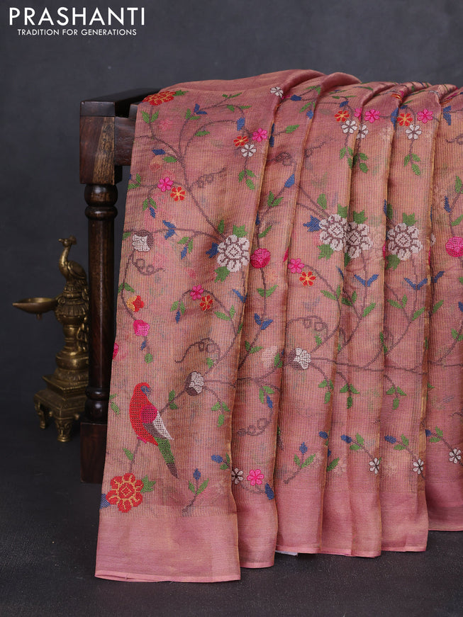 Tissue silk saree dual shade od pink with allover embroidery work and simple border
