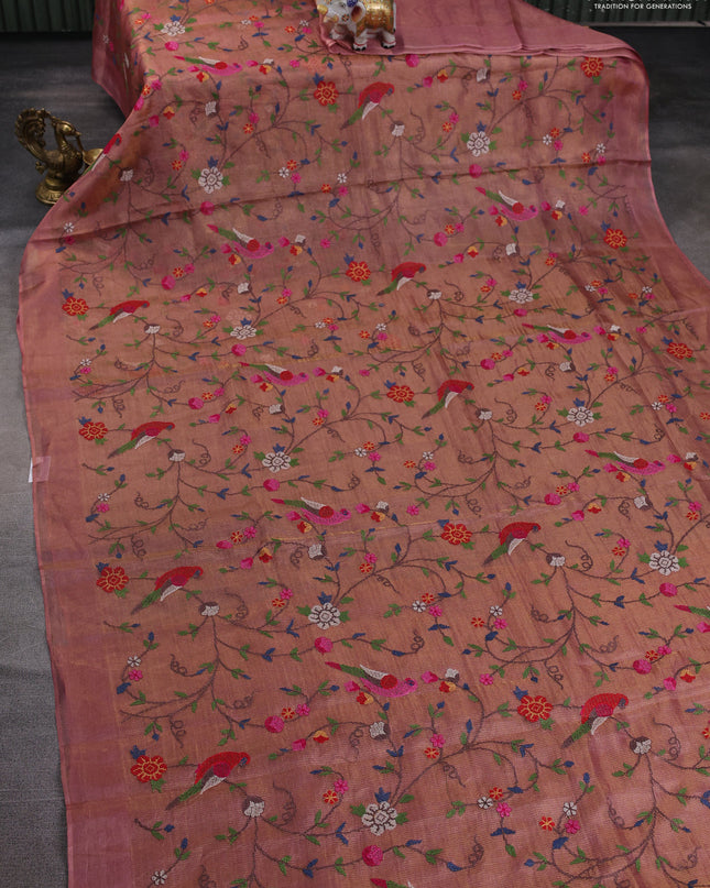 Tissue silk saree dual shade od pink with allover embroidery work and simple border