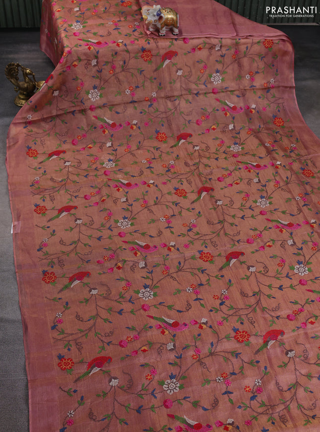 Tissue silk saree dual shade od pink with allover embroidery work and simple border