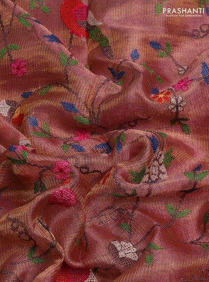 Tissue silk saree dual shade od pink with allover embroidery work and simple border