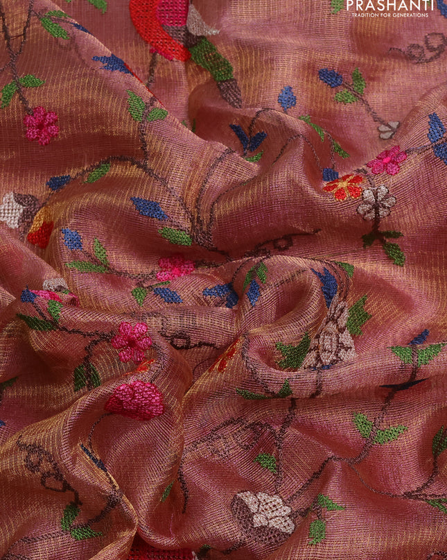 Tissue silk saree dual shade od pink with allover embroidery work and simple border