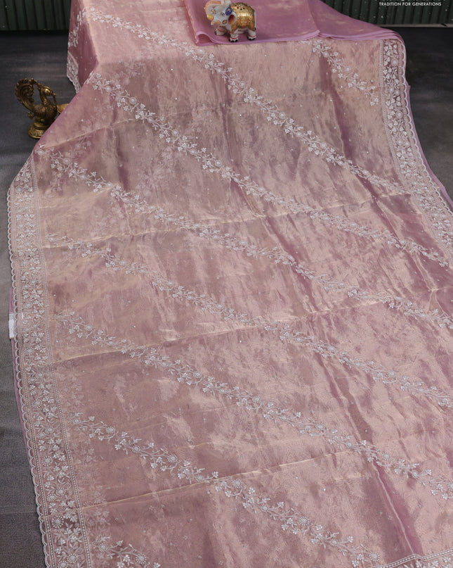 Tissue silk saree pastel pink with allover embroidery & sequin work