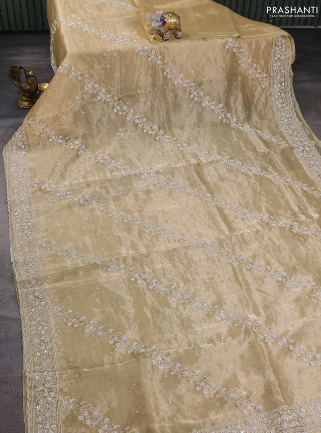 Tissue silk saree pale yellow with allover embroidery & sequin work