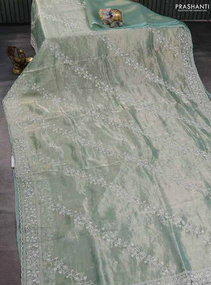 Tissue silk saree pastel green with allover embroidery & sequin work