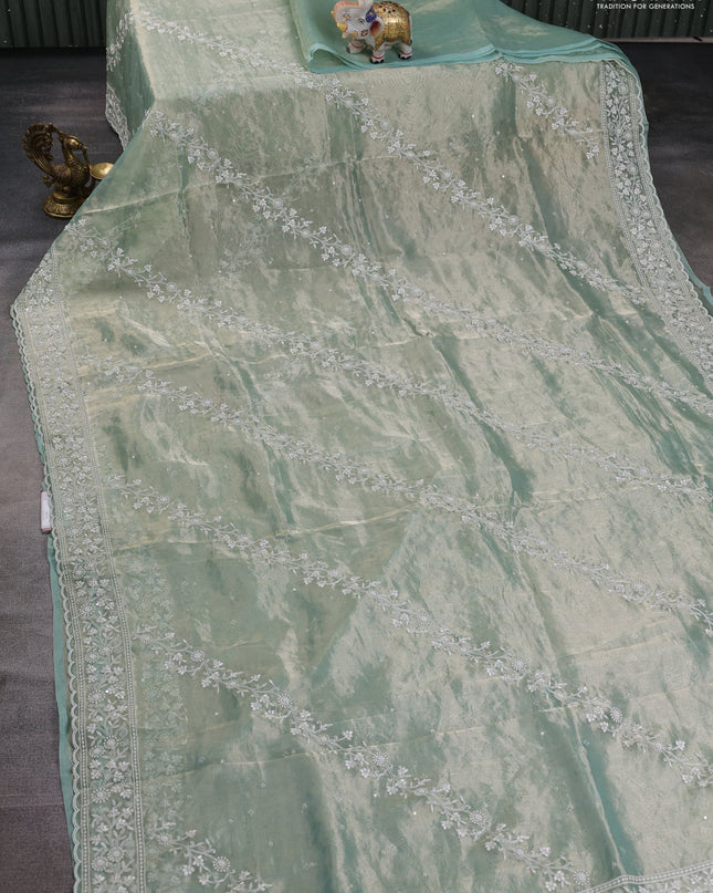 Tissue silk saree pastel green with allover embroidery & sequin work