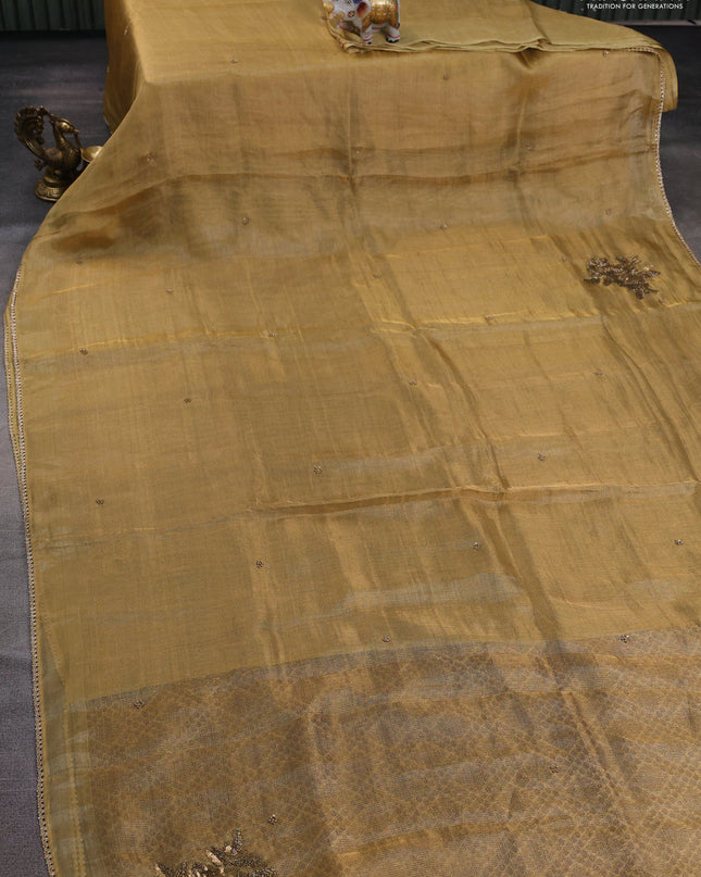 Tissue silk saree sandal with beaded work and lace work embroidery border